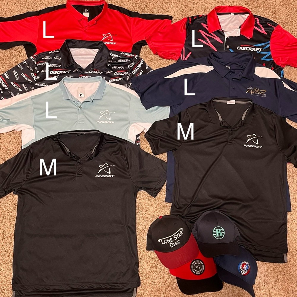 Disc Golf Polo and Hat Lot- Prodigy, Discraft, Lone Star Discs
